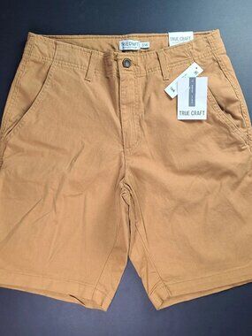 True Craft Khaki Shorts Size 31 W Flat Front 9" Inseam Trolly Tan New NWT